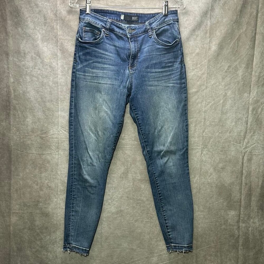 Kut From The Kloth Blue Raw Hem Skinny Jeans | Size 6 Mid-Rise Stretch Denim